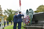 Maj. Gen. Timothy LaBarge, the commander of the New York Air National Guard, and Command Chief Master Sgt. Jeffrey Trottier, the senior enlisted leader for the 109th Airlift Wing,  salute after placing a wreath from President Joseph Biden at the grave pf President Chester Arthur, the 21st president of the United States, at Albany Rural Cemetery in Menands, New York Oct. 5, 2021.Each year, former presidents are honored on their birthday with the presentation of a wreath from the current president at their gravesite by military leaders.