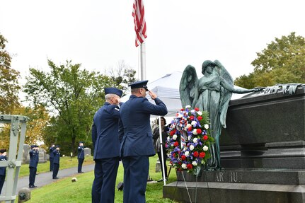 Maj. Gen. Timothy LaBarge, the commander of the New York Air National Guard, and Command Chief Master Sgt. Jeffrey Trottier, the senior enlisted leader for the 109th Airlift Wing,  salute after placing a wreath from President Joseph Biden at the grave pf President Chester Arthur, the 21st president of the United States, at Albany Rural Cemetery in Menands, New York Oct. 5, 2021.Each year, former presidents are honored on their birthday with the presentation of a wreath from the current president at their gravesite by military leaders.