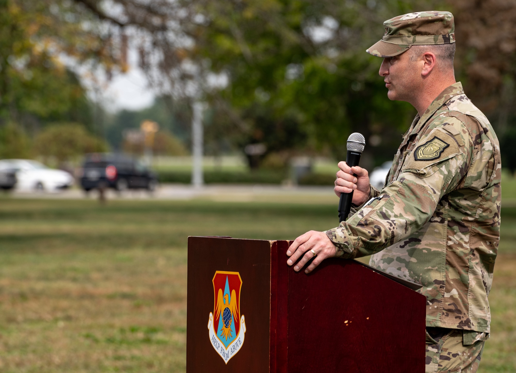 Wing commander speaks during ground breaking ceremony