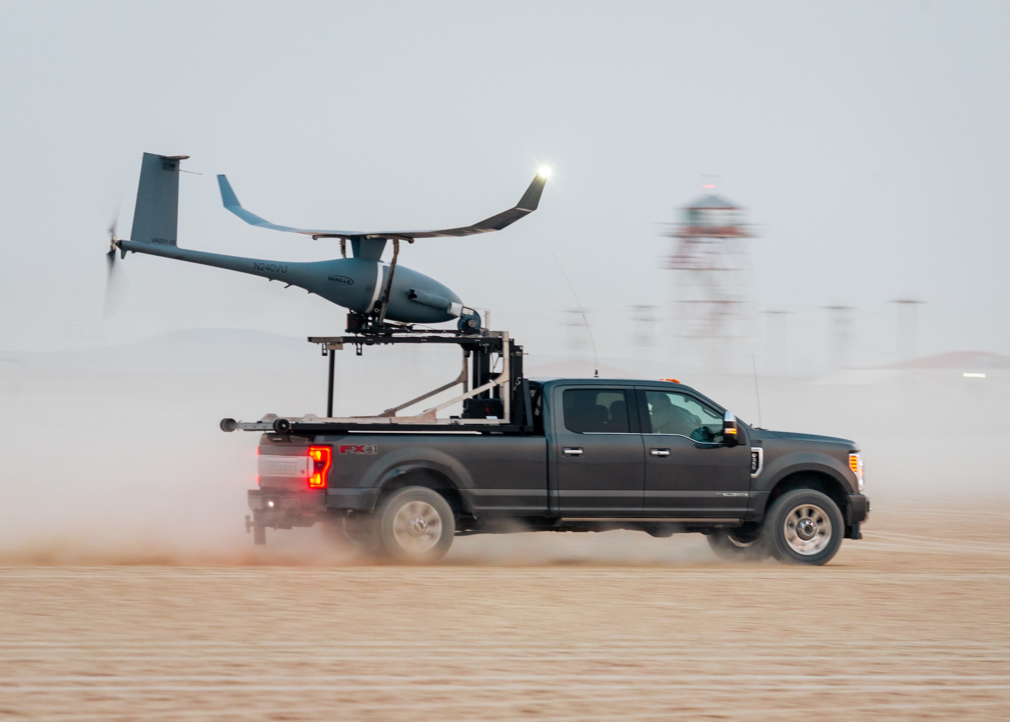 A Vanilla unmanned aircraft system launches from the Rogers Dry Lakebed on Edwards Air Force Base, California, Sept. 24. The aircraft broke the world record for unrefueled, internal combustion endurance of an unmanned aircraft with a total continuous flight time of 8 days, 50 minutes, and 47 seconds, and 12,200 miles, Oct. 2. (Air Force photo by Josh McClanahan)