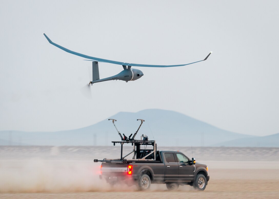 A Vanilla unmanned aircraft system launches from the Rogers Dry Lakebed on Edwards Air Force Base, California, Sept. 24. The aircraft broke the world record for unrefueled, internal combustion endurance of an unmanned aircraft with a total continuous flight time of 8 days, 50 minutes, and 47 seconds, and 12,200 miles, Oct. 2. (Air Force photo by Josh McClanahan)