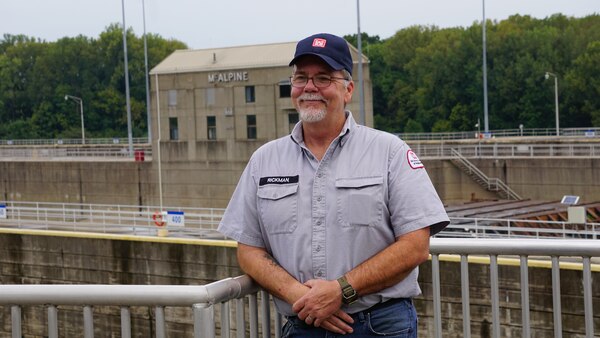 McAlpine Locks and Dam September visit.
1. Crane examining lock before it fills with water
2. Crane examining lock before it fills with water
3. Crane examining lock before it fills with water
4. Jay Rickman, McAlpine Lock and Dam lockmaster, in front of the locks.
5. Barge coming down river into the lock