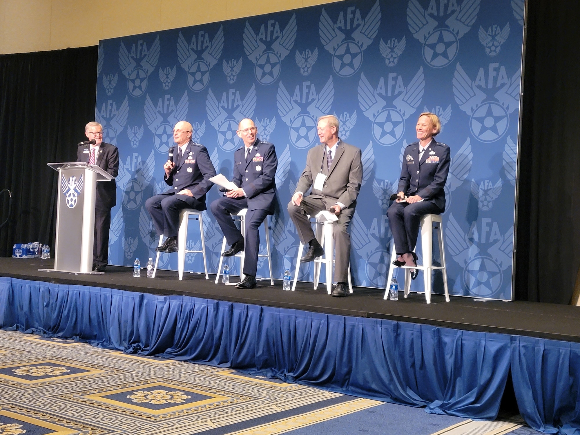 Air Force Research Laboratory Commander Maj. Gen. Heather Pringle (far right) participates in a panel discussion titled ‘From Acquisition to Lethality’ during the Air Force Association’s Air, Space & Cyber Conference in National Harbor, Maryland, Sept. 22, 2021, highlighting the role of science and technology in delivering capabilities to warfighters. Pictured left to right:  AFA President and retired Lt. Gen. Bruce “Orville” Wright; Gen. Arnold Bunch Jr., commander of Air Force Materiel Command; Lt. Gen. Duke Richardson, military deputy for the Office of the Assistant Secretary of the Air Force for Acquisition, Technology and Logistics; and Randy Walden, director and program executive officer for the Air Force Rapid Capabilities Office. (U.S. Air Force photo/Steven Doub)