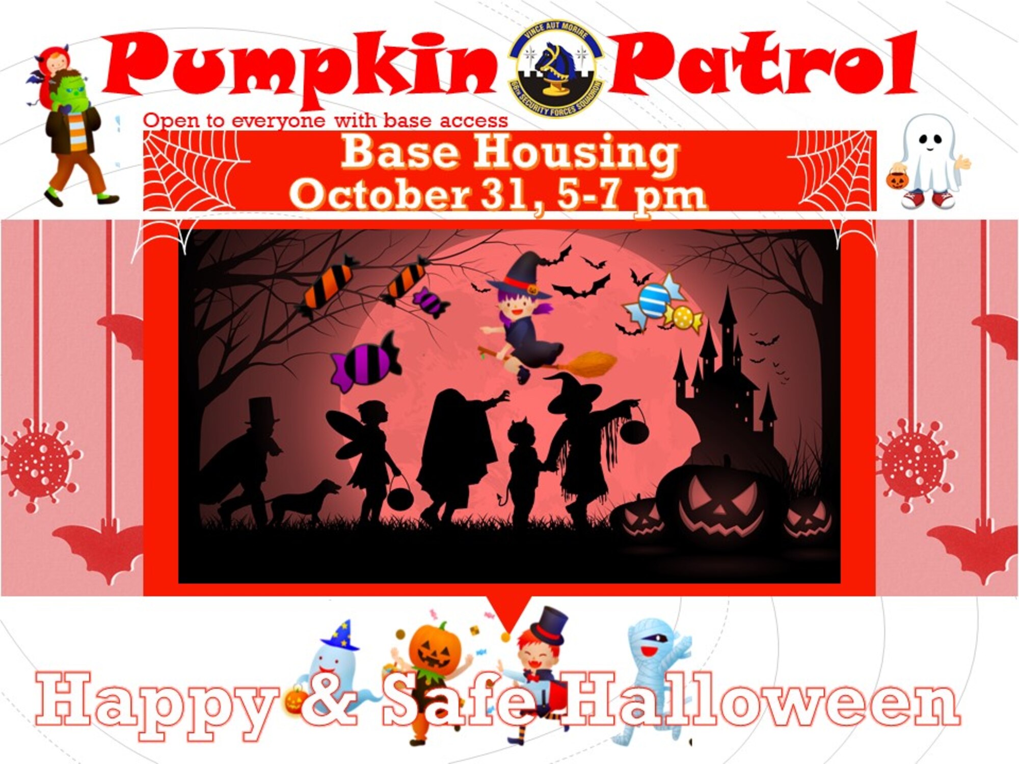 The 66th Security Forces Squadron will  take on Pumpkin Patrol while families trick or treat at Hanscom Air Force Base, Mass., Oct. 31 from 5 to 7 p.m. (U.S. Air Force graphic by Lance Beebe)