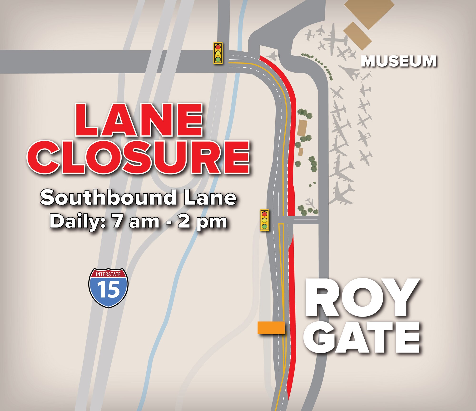 Due to ongoing construction, one outbound lane at the Roy Gate will be closed daily through December from 7 a.m. to 2 p.m. Inbound lanes will operate normally during this time.