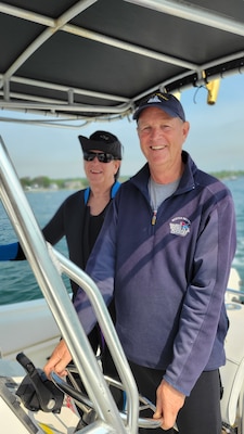 Site discoverers Craig Harger and Charles Buffum heading out to the Revenge wreck site