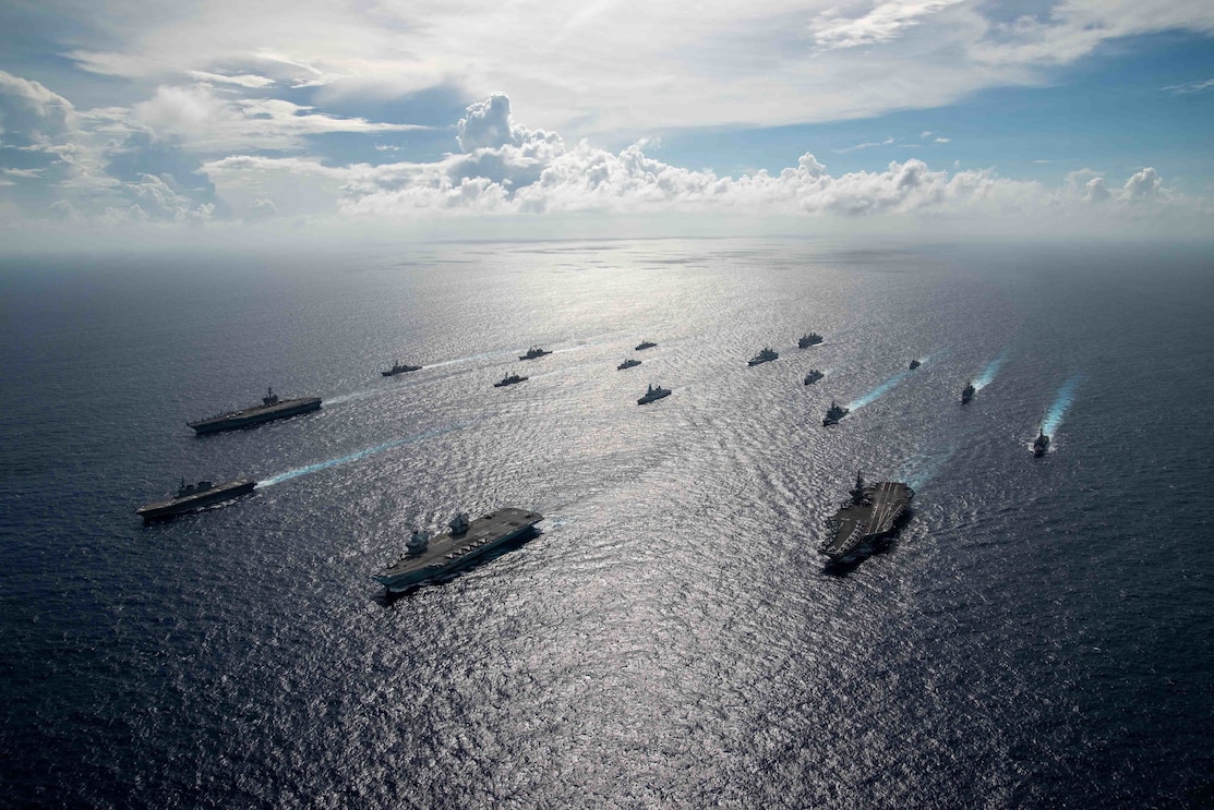 The United Kingdom’s carrier strike group led by HMS Queen Elizabeth (R 08), and Japan Maritime Self-Defense Forces led by (JMSDF) Hyuga-class helicopter destroyer JS Ise (DDH 182) joined with U.S. Navy carrier strike groups led by flagships USS Ronald Reagan (CVN 76) and USS Carl Vinson (CVN 70) to conduct multiple carrier strike group operations in the Philippine Sea.
