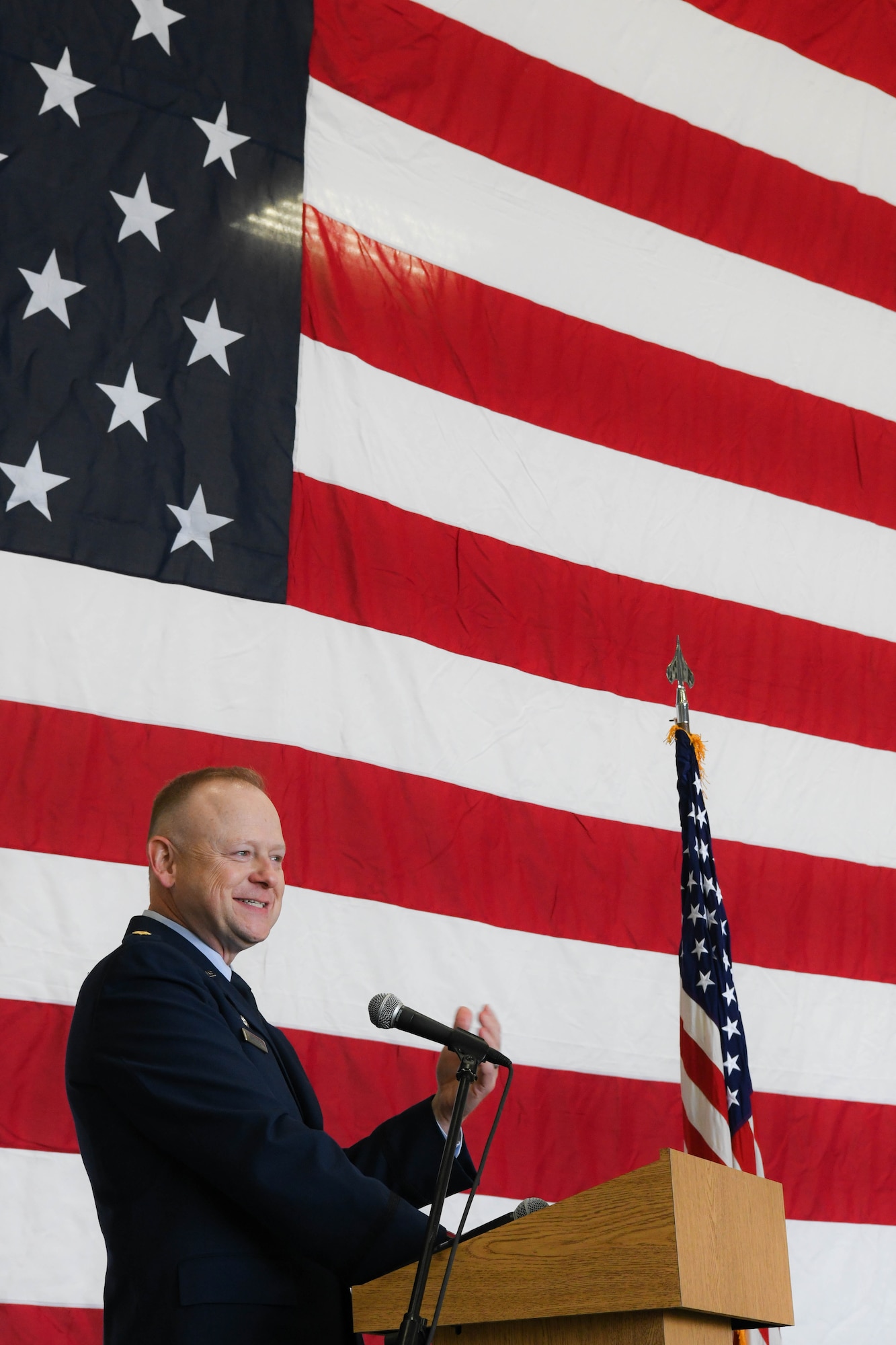Maj. Russell R. Whitlock, the new 910th Maintenance Squadron commander, addresses his troops for the first time as the 910th MXS commander during a change of command ceremony Oct. 2, 2021, at Youngstown Air Reserve Station, Ohio.