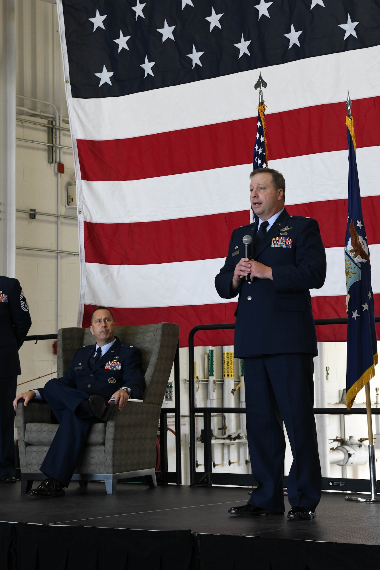 Lt. Col. George F. Lenahan, the outgoing 910th Maintenance Squadron Commander and new deputy commander of the 910th Maintenance Group, addresses his troops one final time as the 910th MXS commander during a change of command ceremony Oct. 2, 2021, at Youngstown Air Reserve Station, Ohio.