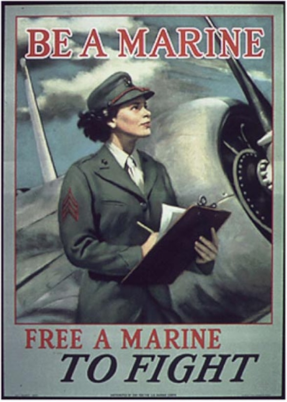 A Marine Corps recruiting poster features a woman.