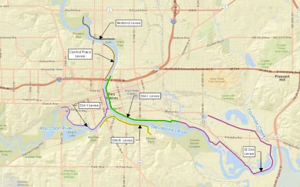 Map of downtown Des Moines, Iowa, levees