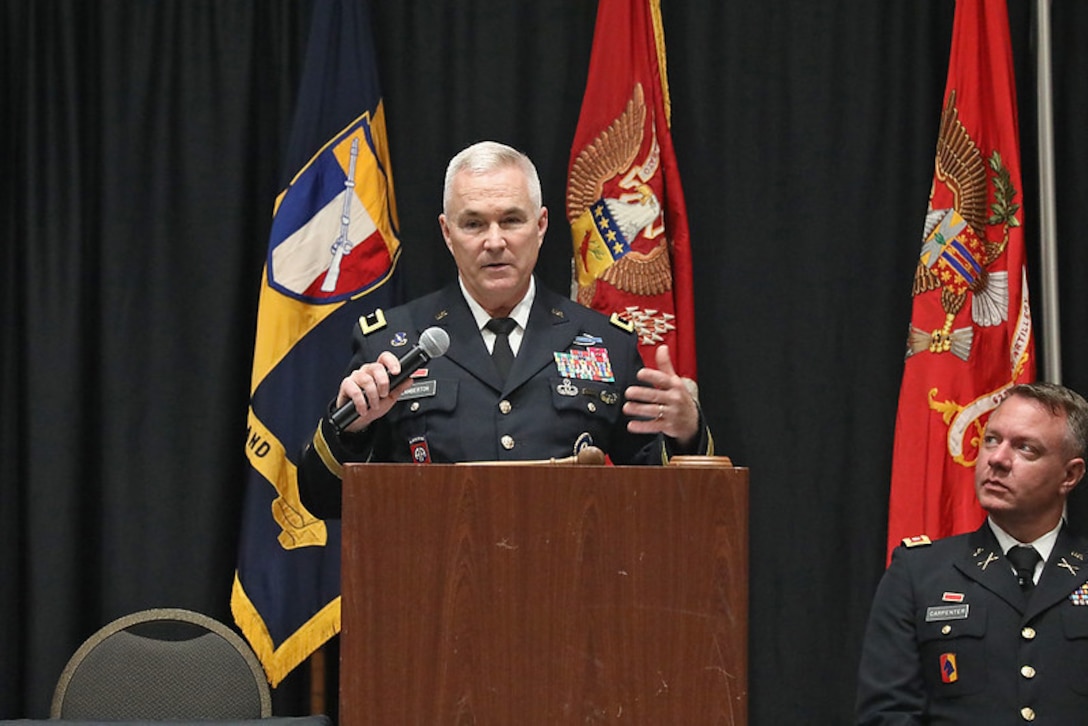 Brig. Gen. Haldane Lamberton, adjutant general for Kentucky concluded the conference with a “state of the Guard,” highlighting the unique and challenging year Guardsmen have faced during for the 90th National Guard Association of Kentucky (NGAKY) Conference, Oct. 2, 2021. (U.S. Army National Guard photo by Sgt. 1st Class Scott Raymond)