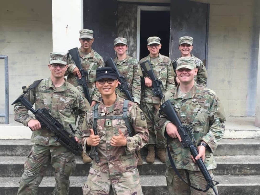 Capt. Timothy Wang (then a  1st Lieutenant) poses with a group of officer cadets November of 2019. (Courtesy photo)