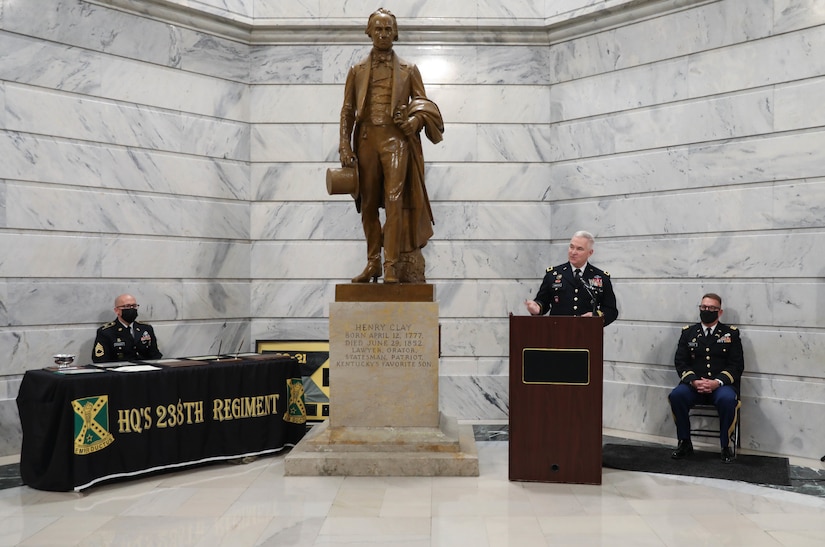 Brig. Gen. Haldane B. Lamberton, Kentucky’s adjutant general, speaks to those in attendance for the officer commissioning ceremony inside the rotunda of the State Capitol building in Frankfort, Ky., Sept. 27, 2021. Eight officer candidates from Officer Candidate School Class 63-21 became the Kentucky National Guard’s newest second lieutenants. (U.S. Army National Guard photo by Sgt. Jesse Elbouab)