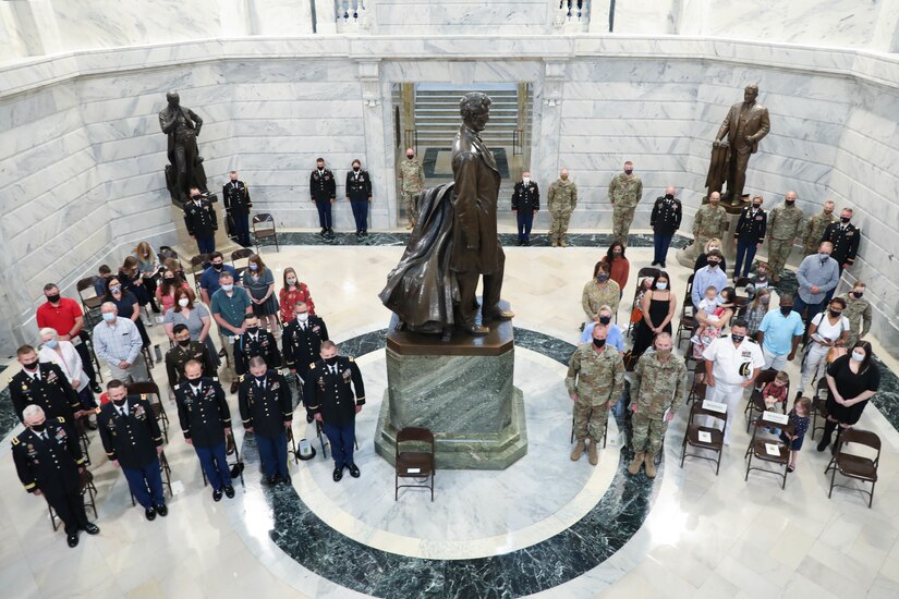 Family members, friends and fellow Guardsmen were in attendance for the officer commissioning ceremony inside the rotunda of the State Capitol building in Frankfort, Ky., Sept. 27, 2021. Eight officer candidates from Officer Candidate School Class 63-21 became the Kentucky National Guard’s newest second lieutenants. (U.S. Army National Guard photo by Sgt. Jesse Elbouab)