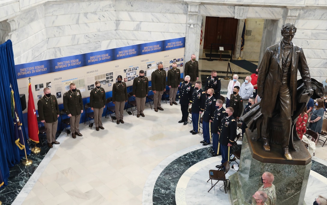 Family members, friends and fellow Guardsmen were in attendance for the officer commissioning ceremony inside the rotunda of the State Capitol building in Frankfort, Ky., Sept. 27, 2021. Eight officer candidates from Officer Candidate School Class 63-21 became the Kentucky National Guard’s newest second lieutenants. (U.S. Army National Guard photo by Sgt. Jesse Elbouab)