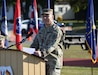 Command Sgt. Maj. Kyle Brunell of the U.S. Army regional Health Command-Europe, Sembach, speaks Friday at a farewell ceremony for the U.S. Army Medical Materiel Center–Europe. The ceremony formally marked the move of USAMMCE to Kaiserslautern Army Depot from Husterhoeh Kaserne, Pirmasens, its home since 1975. Brunell reminisced about his time a young private at the kaserne and praised the long-time linkage between the community and USAMMCE.