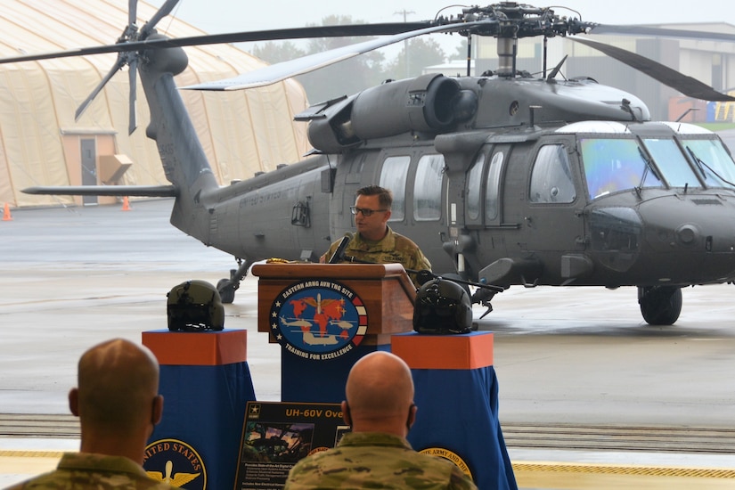 Lt. Col. Randy Lutz, commander of the Eastern Army National Guard Aviation Training Site at Fort Indiantown Gap, Pa., speaks at a ribbon-cutting ceremony for the UH-60V Black Hawk helicopter on Oct. 6, 2021. EAATS was the first unit in the Army – active duty, National Guard or Army Reserve – to receive the new variant.