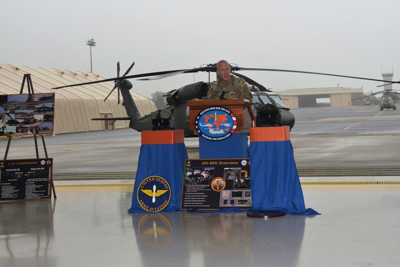 Pennsylvania Adjutant General Maj. Gen. Mark Schindler speaks at a ribbon-cutting ceremony for the UH-60V Black Hawk helicopter on Oct. 6, 2021, at the Eastern Army National Guard Aviation Training Site at Fort Indiantown Gap, Pa. EAATS was the first unit in the Army – active duty, National Guard or Army Reserve – to receive the new variant.