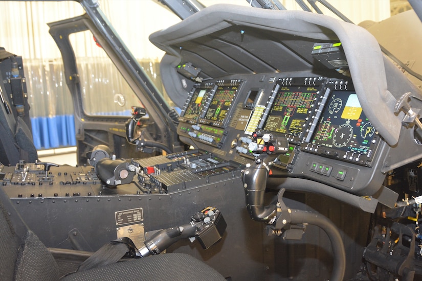 The interior of a UH-60V Black Hawk helicopter on display at a ribbon-cutting ceremony on Oct. 6, 2021, at the Eastern Army National Guard Aviation Training Site at Fort Indiantown Gap, Pa. EAATS was the first unit in the Army – active duty, National Guard or Army Reserve – to receive the new variant, which includes an upgraded digital glass cockpit.