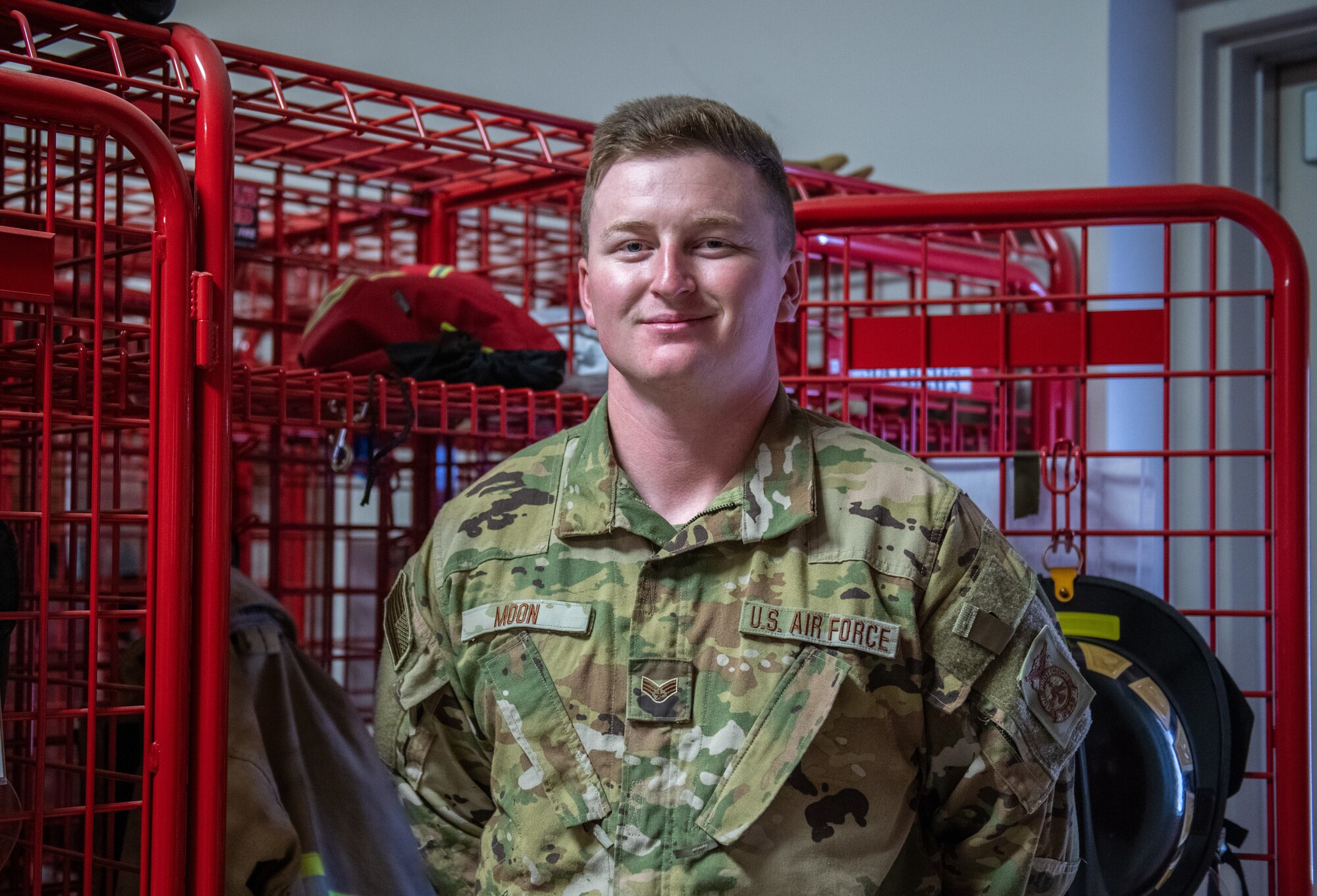 U.S. Air Force Senior Airman Joel Moon, firefighter with the 419th Civil Engineer Squadron, poses for a photo at Hill Air Force Base, Utah on Oct 3, 2021.