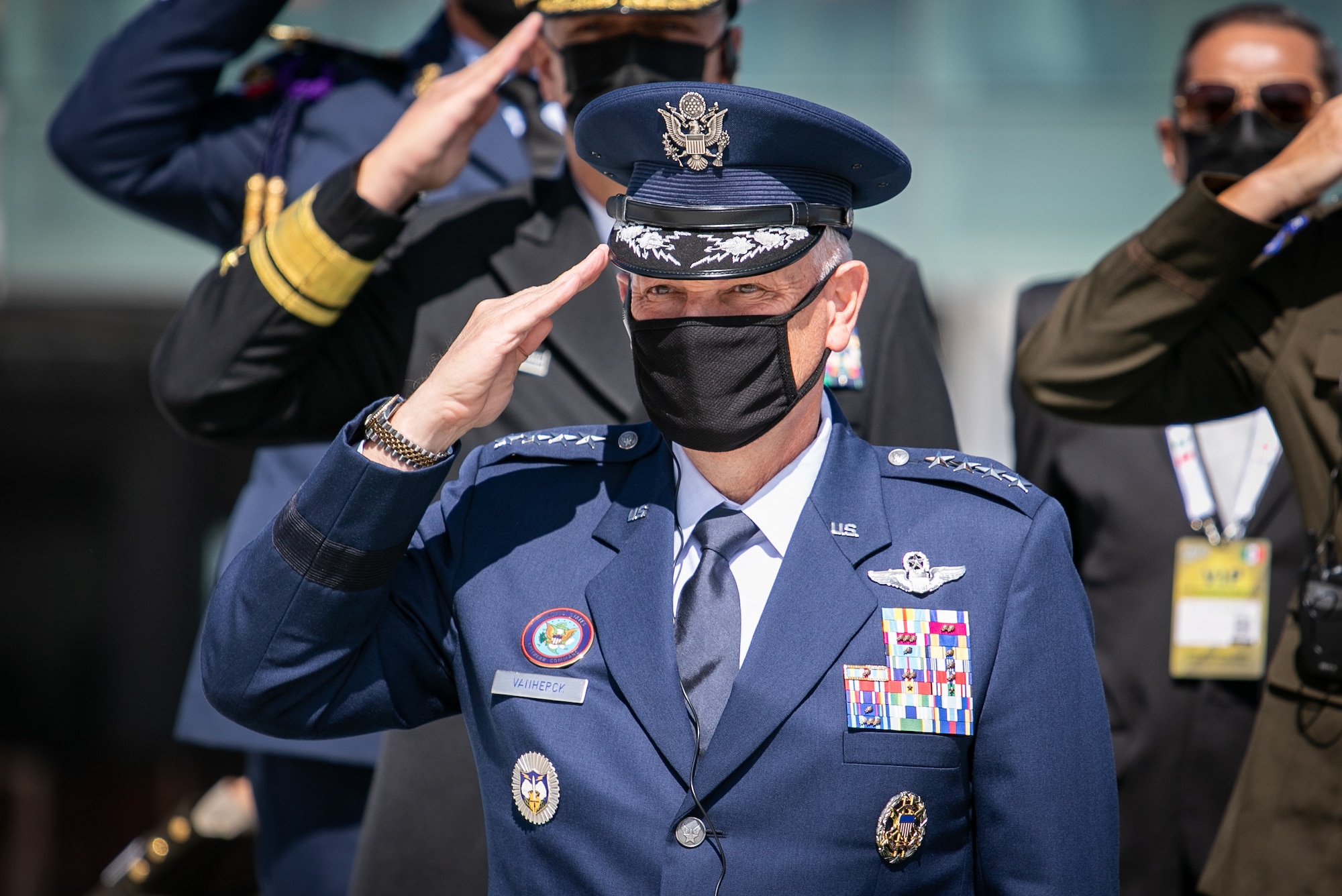 U.S. Air Force Gen. Glen D. Vanherck, commander of North American Aerospace Defense Command and U.S. Northern Command, attends an inauguration ceremony during the Feria Aeroespacial México (FAMEX), or the Mexico Aerospace Fair, at Base Aérea No.1 de Santa Lucía, Mexico, Sep. 22, 2021. U.S. participation in the air show is meant as a sign of support for Mexico, a close partner and neighbor.