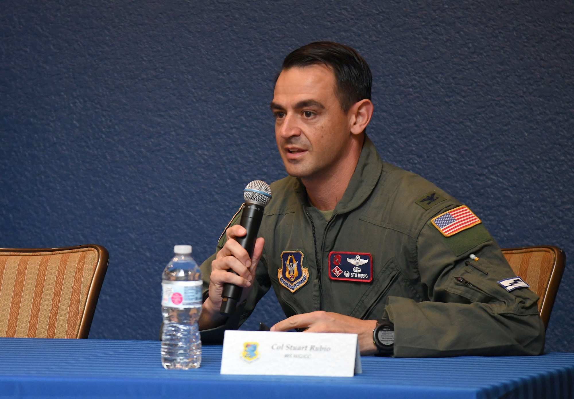 U.S. Air Force Col. Stuart Rubio, 403rd Wing commander, delivers remarks during the Hispanic Leaders Panel inside the Bay Breeze Event Center at Keesler Air Force Base, Mississippi, Oct. 5, 2021. During National Hispanic Heritage Month, which is celebrated from Sept. 15 to Oct. 15, Keesler will also host a 5K run. (U.S. Air Force photo by Kemberly Groue)