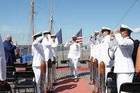 211001-N-HN101-1167 – Navy Cyber Defense Operations Command (NCDOC)’s Chief Warrant Officer Four Jonathan “Jon” Brindle, is piped ashore for the last time and relieved of his duties after 30 years of service during a retirement ceremony on USS Wisconsin, Oct. 1. (Photo by Rebecca Siders/U.S. Navy photo released)