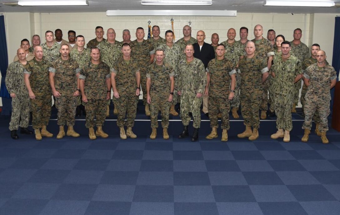 Maj. Gen. Jay Bargeron (front center), United States Marine Corps, poses with III Marine Expeditionary Force and Expeditionary Strike Group (ESG) 7 leadership and staff following a Warfare Commanders Conference, October 5. The conference, hosted by ESG 7, provided direction and guidance for forward-deployed force employment and for the leadership and staffs to coordinate warfighting concepts and best practices of expeditionary strike group operations.