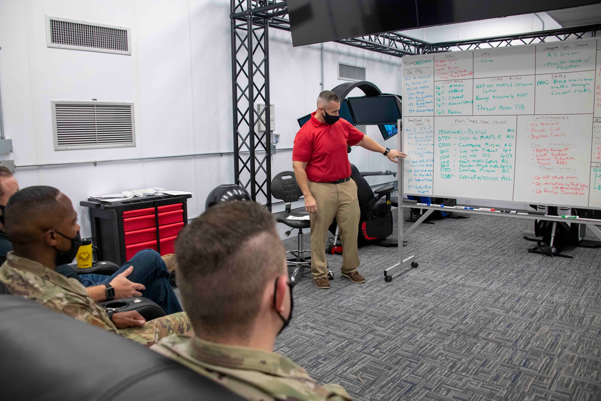 Christopher McMall, 97th Communications Squadron Mission Defense Team (MDT) special missions flight director, explains the exercise plan to the rest of the MDT at Altus Air Force Base, Oklahoma, Sept. 29, 2021. The objective of the exercise was to detect and block unauthorized or malicious network traffic, while maintaining legitimate traffic and services on the network. (U.S. Air Force photo by Staff Sgt. Cody Dowell)