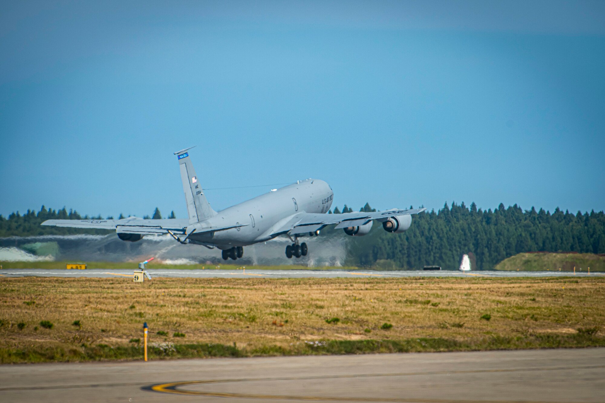 Plane takes off from Misawa Air Base runway.