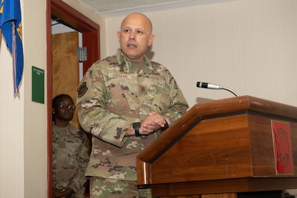 Maj. Ayad M. Abisaab addresses Airmen from the 203rd Rapid Engineer Deployable Heavy Operational Repair Squadron Engineers (RED HORSE) after assuming command during a change of command ceremony Oct. 2, 2021, at State Military Reservation in Virginia Beach, Virginia