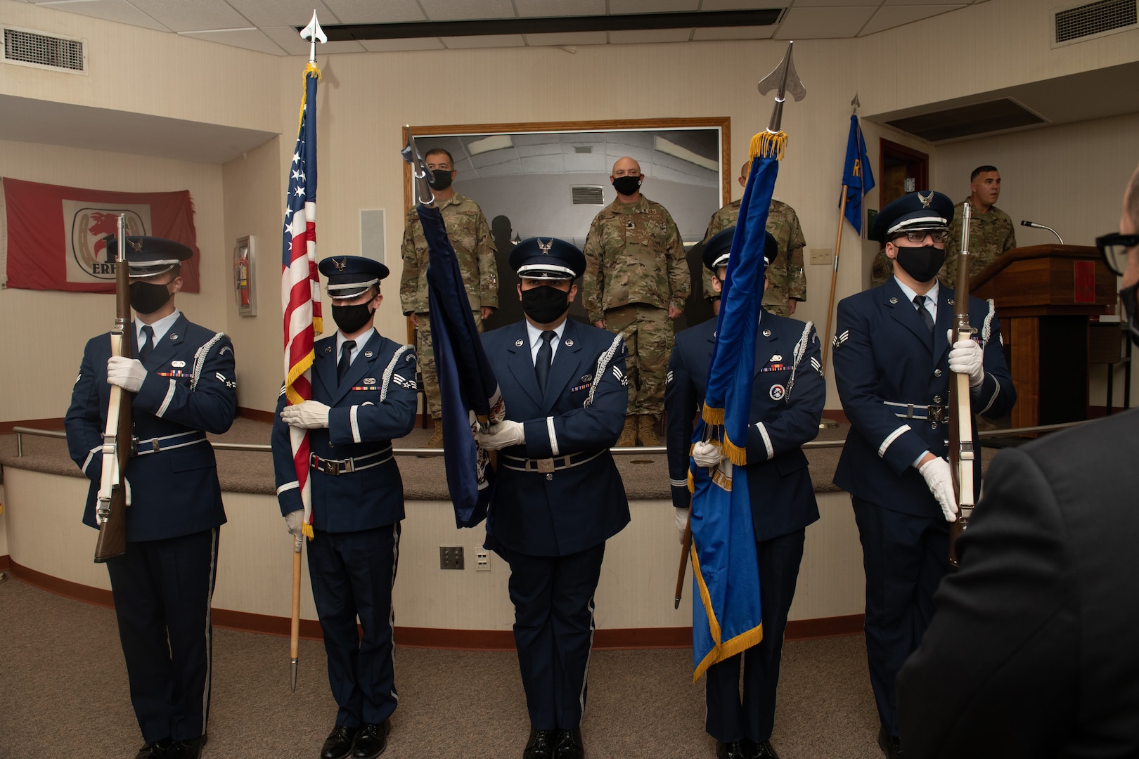 The honor guard presents the colors at the 192nd Wing’s 203rd Rapid Engineer Deployable Heavy Operational Repair Squadron Engineers (RED HORSE) change of command ceremony Oct. 2, 2021, at State Military Reservation in Virginia Beach, Virginia.