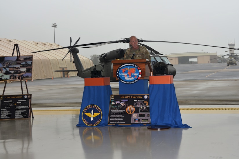 Pennsylvania Adjutant General Maj. Gen. Mark Schindler speaks at a ribbon-cutting ceremony for the UH-60V Black Hawk helicopter on Oct. 6, 2021, at the Eastern Army National Guard Aviation Training Site at Fort Indiantown Gap, Pa. EAATS was the first unit in the Army – active duty, National Guard or Army Reserve – to receive the new variant.