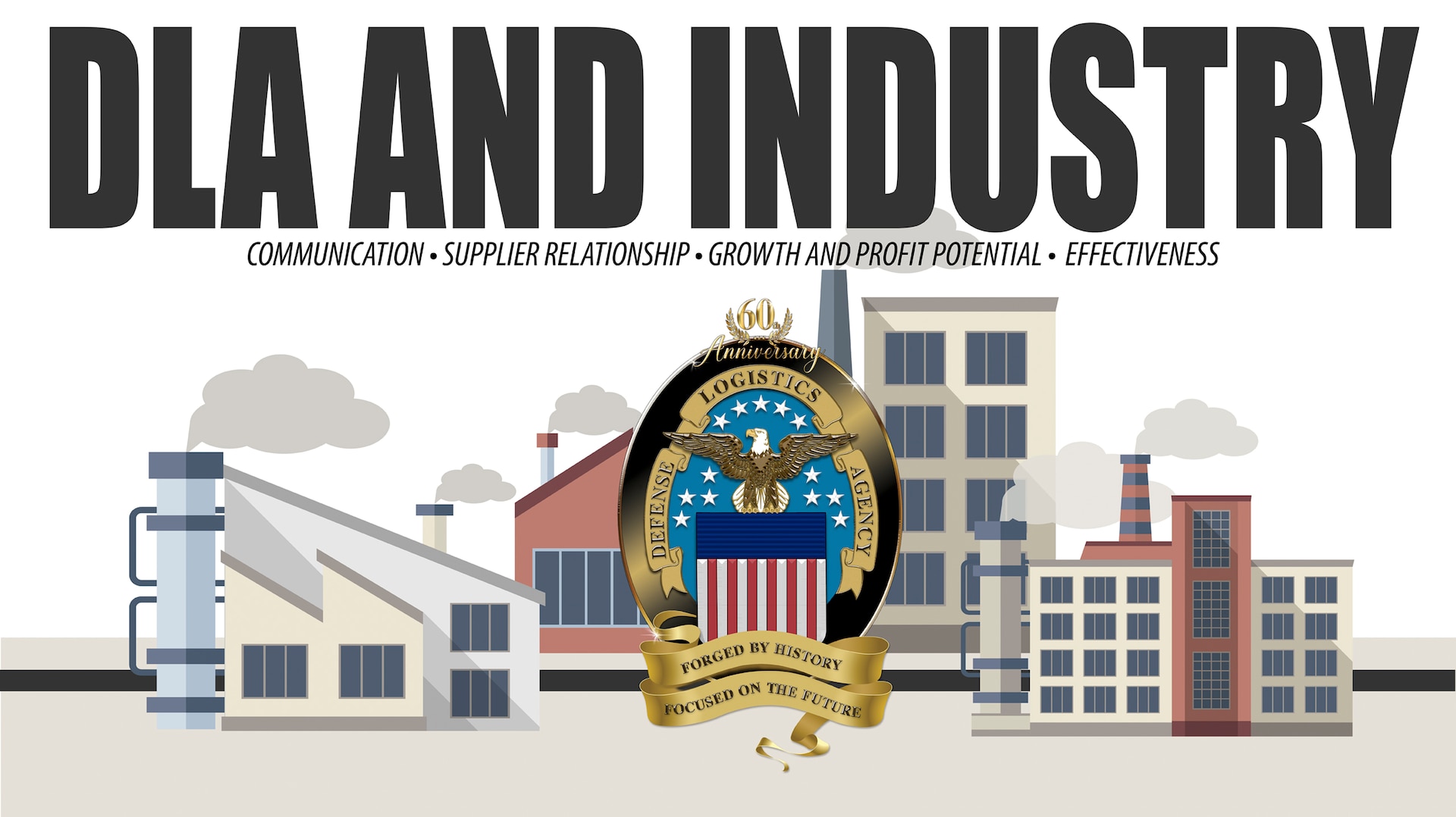 Graphic with title DLA and Industry. Subtitles read communication, supplier relationship, growth profit potential, effectiveness