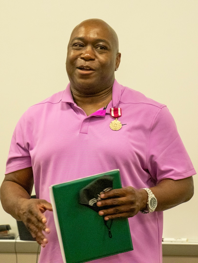 Sgt. 1st Class Charles Berry, of Bloomington, Illinois, thanks friends and family for attending his retirement ceremony Aug. 27 at the Bloomington Readiness Center Charge. Berry retired after serving more than 34 years in the Illinois Army National Guard.