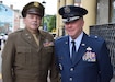 Brig. Gen. Michael Regan, Pa. deputy adjutant general-air (right), rubs shoulders with Gen. Carl Spaatz re-enactor Chris Boswell following a road dedication ceremony in Boyertown, Pa. June 28, 2018. Spaatz, the first Chief of Staff of the newly formed Air Force following the enactment of the National Security Act of 1947 grew up in Boyertown and is touted as one of their greatest citizens.