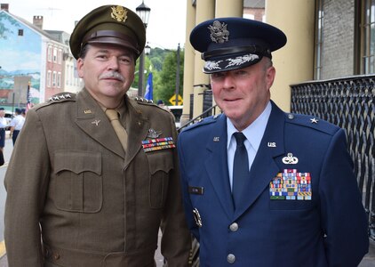 Brig. Gen. Michael Regan, Pennsylvania deputy adjutant general-air, right, with Gen. Carl Spaatz re-enactor Chris Boswell following a road dedication ceremony in Boyertown, Pa., June 28, 2018. Spaatz, the first chief of staff of the newly formed Air Force following the enactment of the National Security Act of 1947, grew up in Boyertown and is touted as one of its greatest citizens.