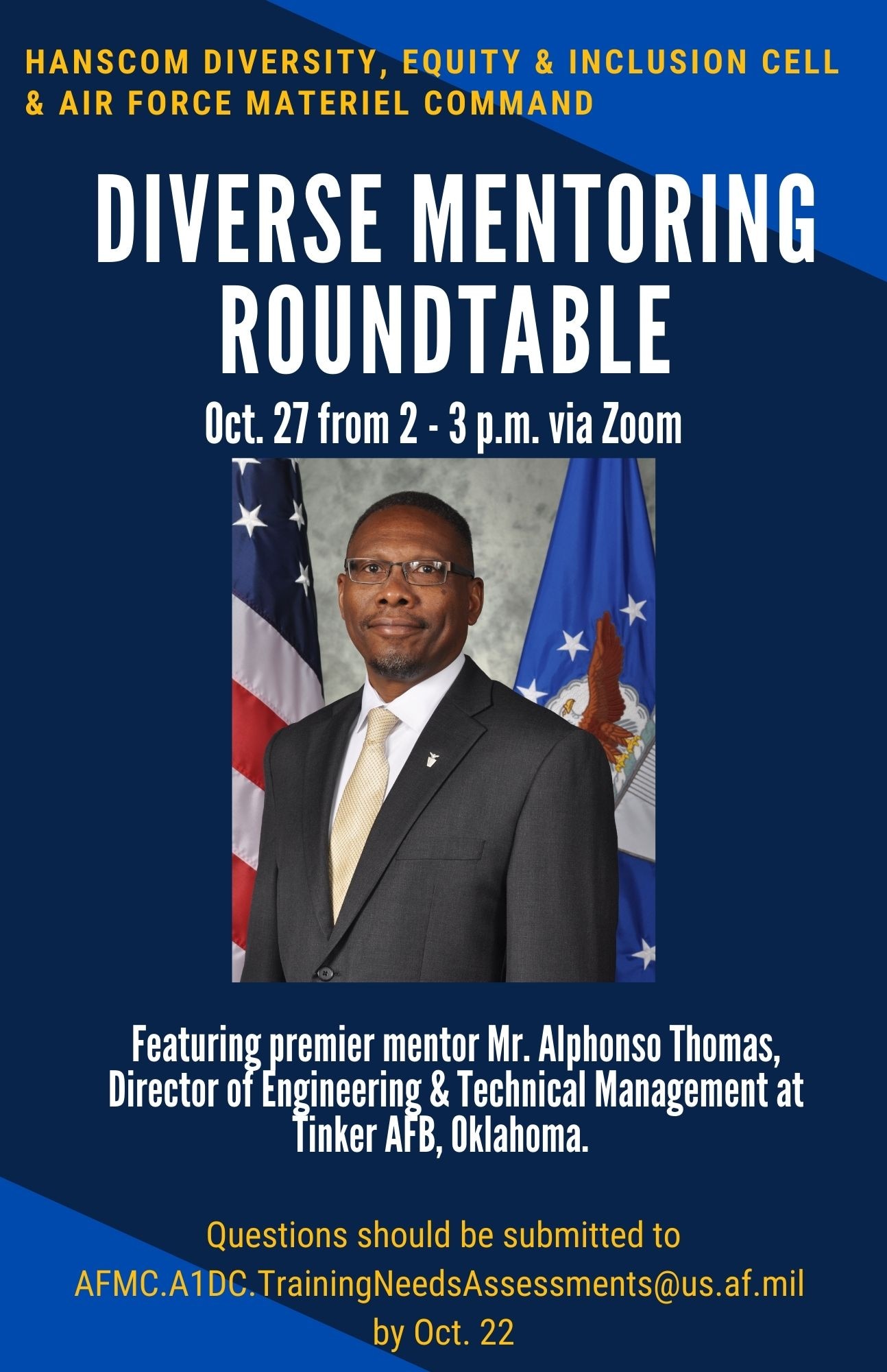 Officials from Air Force Materiel Command and Hanscom Air Force Base, Mass., will partner to host a diverse mentoring event via Zoom Oct. 27 from 2 to 3 p.m. The event will discuss how Hanscom employees can learn more about mentoring, and how a mentor can help them progress in their careers. (U.S. Air Force graphic by Lauren Russell)