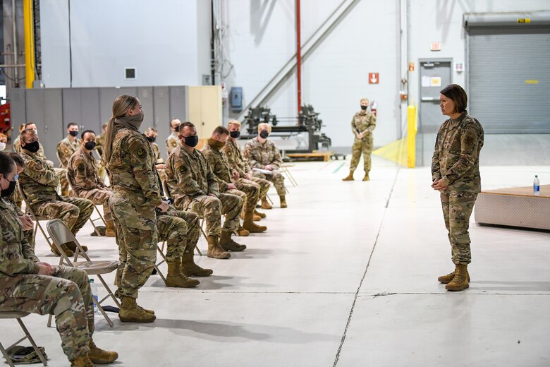Chief Master Sgt. of the Air Force JoAnne S. Bass holds an enlisted call with 445th Airlift Wing Airmen during her visit to Wright-Patterson Air Force Base, Ohio Oct. 2, 2021.