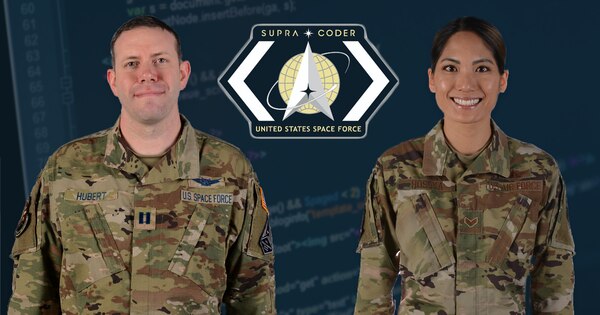 Captain Scott Hubert, left, and Senior Airman Emily Hosoya, right, are both members of a handpicked group of U.S. Space Force members who use code to improve the lives of their fellow members - the Supra Coders