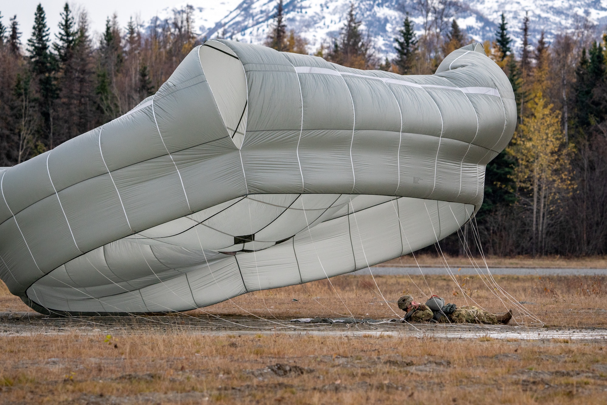 A U.S. Army paratrooper assigned to the 1st Squadron (Airborne), 40th Cavalry Regiment, 4th Infantry Brigade Combat Team (Airborne), 25th Infantry Division, U.S. Army Alaska, lands after jumping from a CH-47 Chinook
