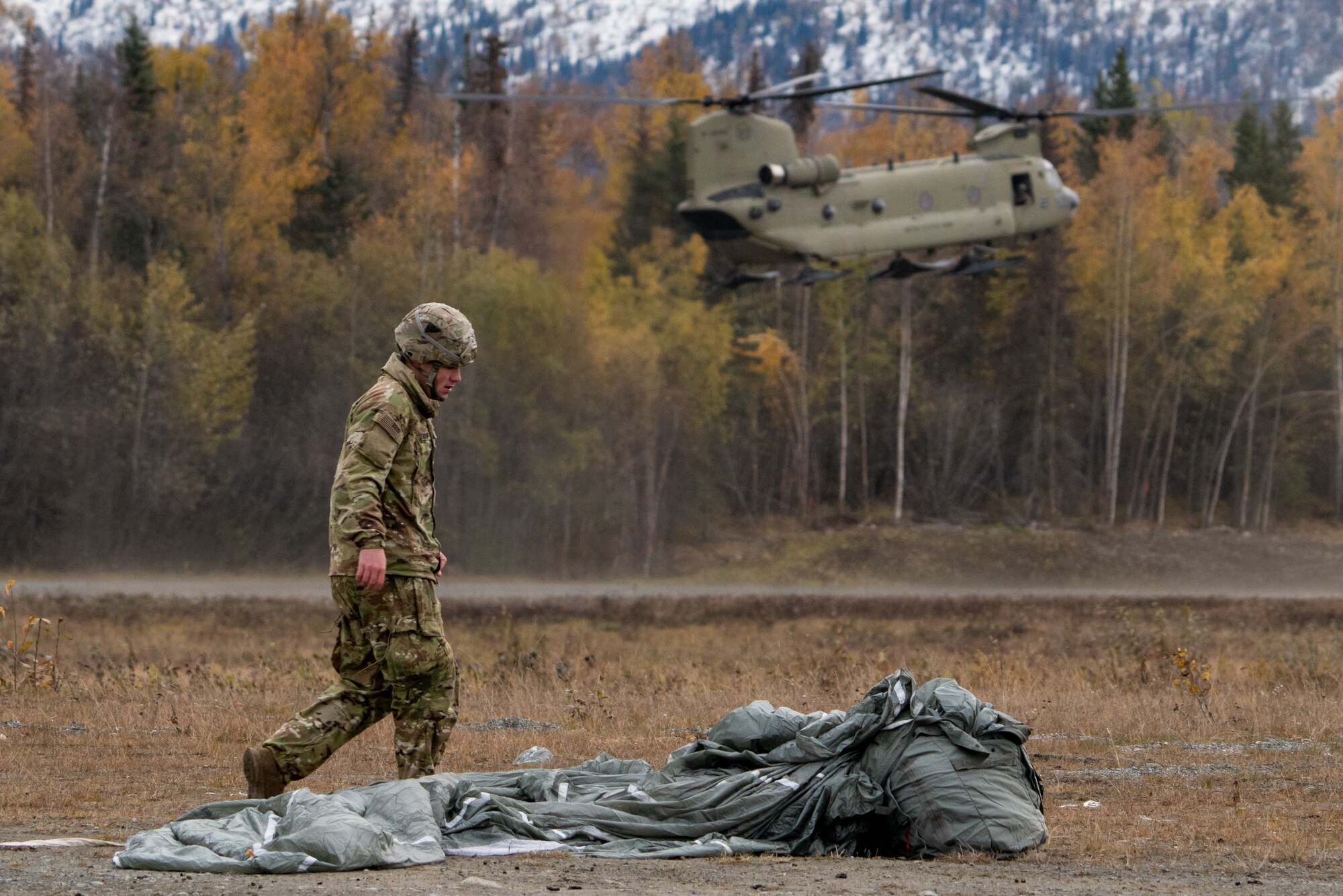 A U.S. Army paratrooper assigned to the 1st Squadron (Airborne), 40th Cavalry Regiment, 4th Infantry Brigade Combat Team (Airborne), 25th Infantry Division, U.S. Army Alaska, recovers his parachute after jumping from a CH-47 Chinook.