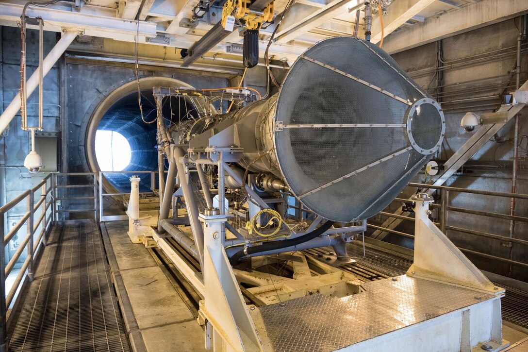 A General Electric F404 engine in Arnold Engineering Development Complex Sea Level Test Cell 1 is ready for sensor testing in support of Engine Life Extension and Health Monitoring program June 15, 2021, at Arnold Air Force Base, Tenn. (U.S. Air Force photo by Jill Pickett)