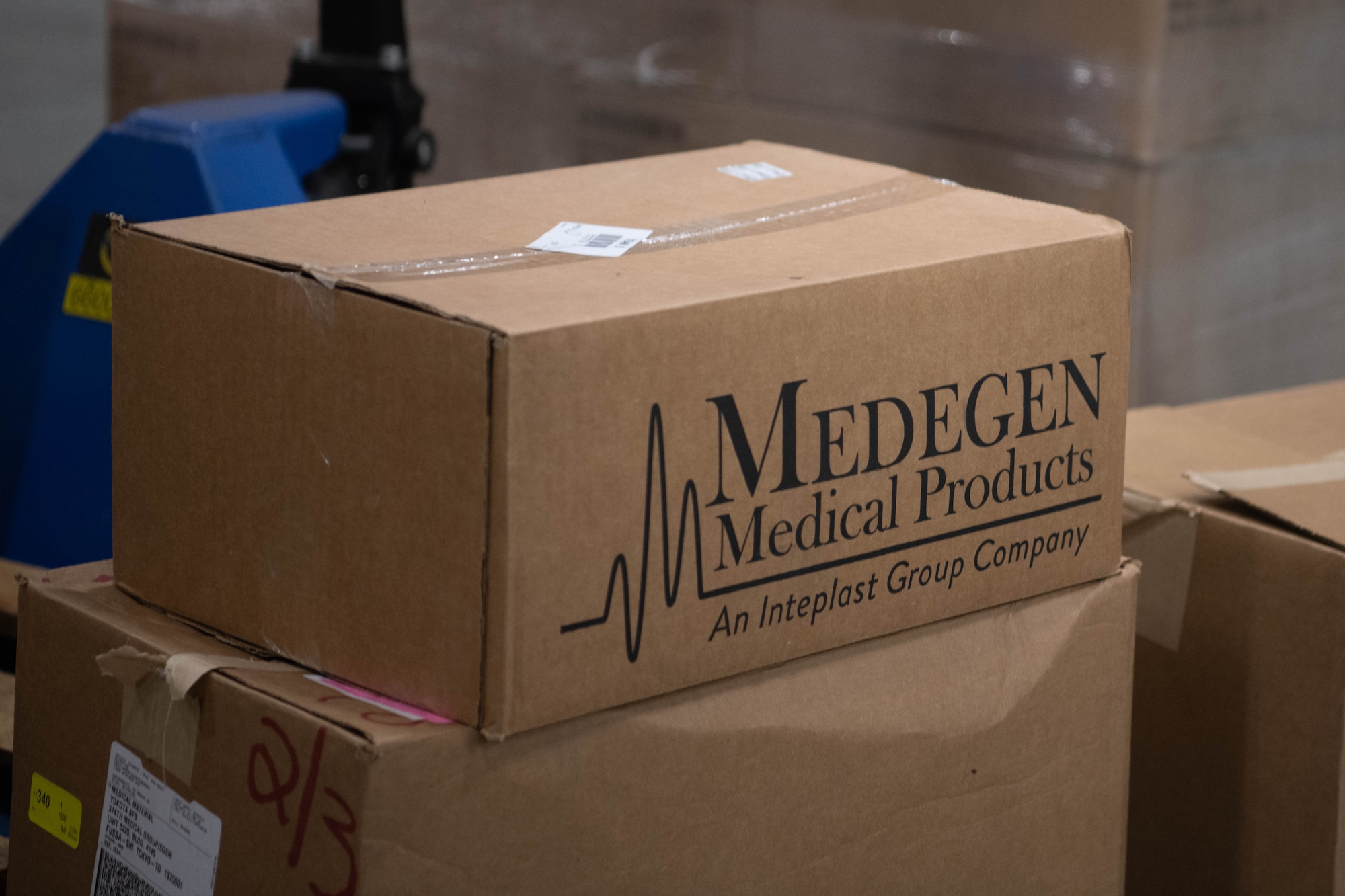 A medical products box sits at a medical warehouse