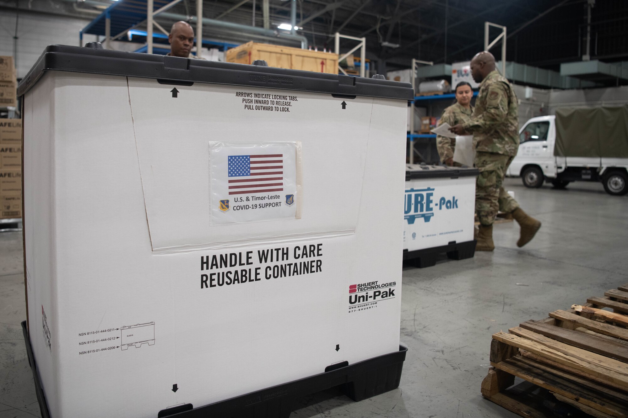 A supply box sits in a medical warehouse