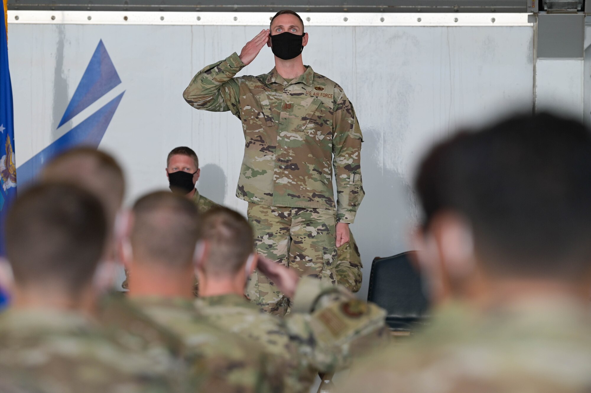 U.S. Air Force Capt. Patrick Britton, 71st Rescue Generation Squadron commander, received his first salute at Moody Air Force Base, Georgia, Oct. 1, 2021. The organizational change created smaller, agile squadrons with the goal to increase the growth and productivity. (U.S. Air Force photo by Senior Airman Rebeckah Medeiros)
