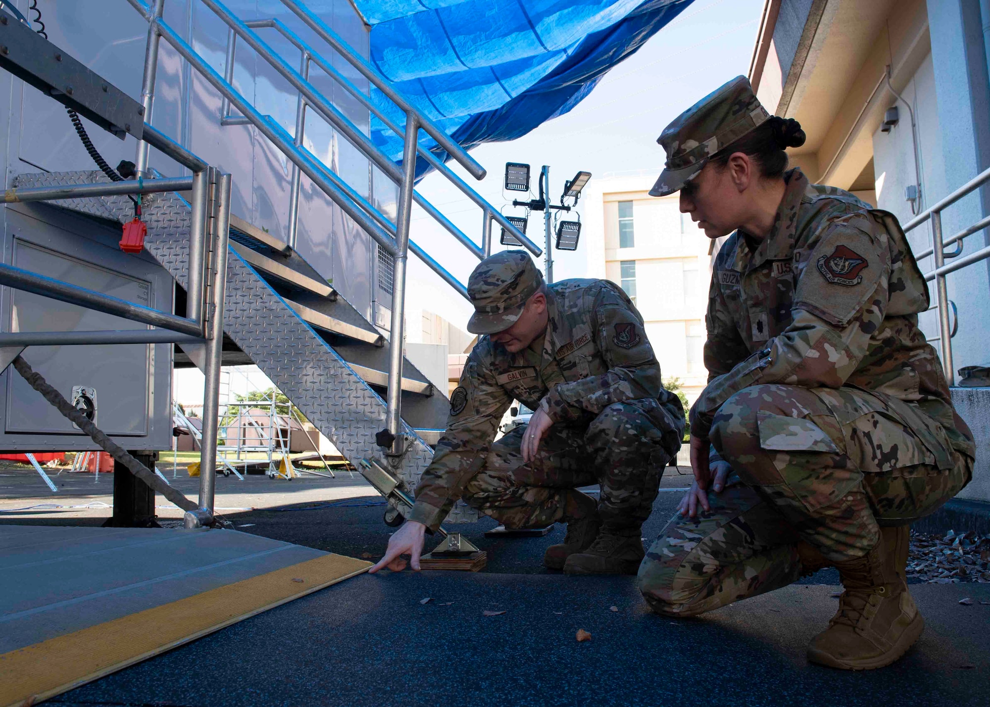 Master Sgt. Connor Galvin, 374th Medical Support Squadron section chief inventory control, left, conducts a safety inspection with Lt. Col. Lisa Guzman, 374th MDSS commander, at Yokota Air Base, Japan, Oct. 8, 2021.