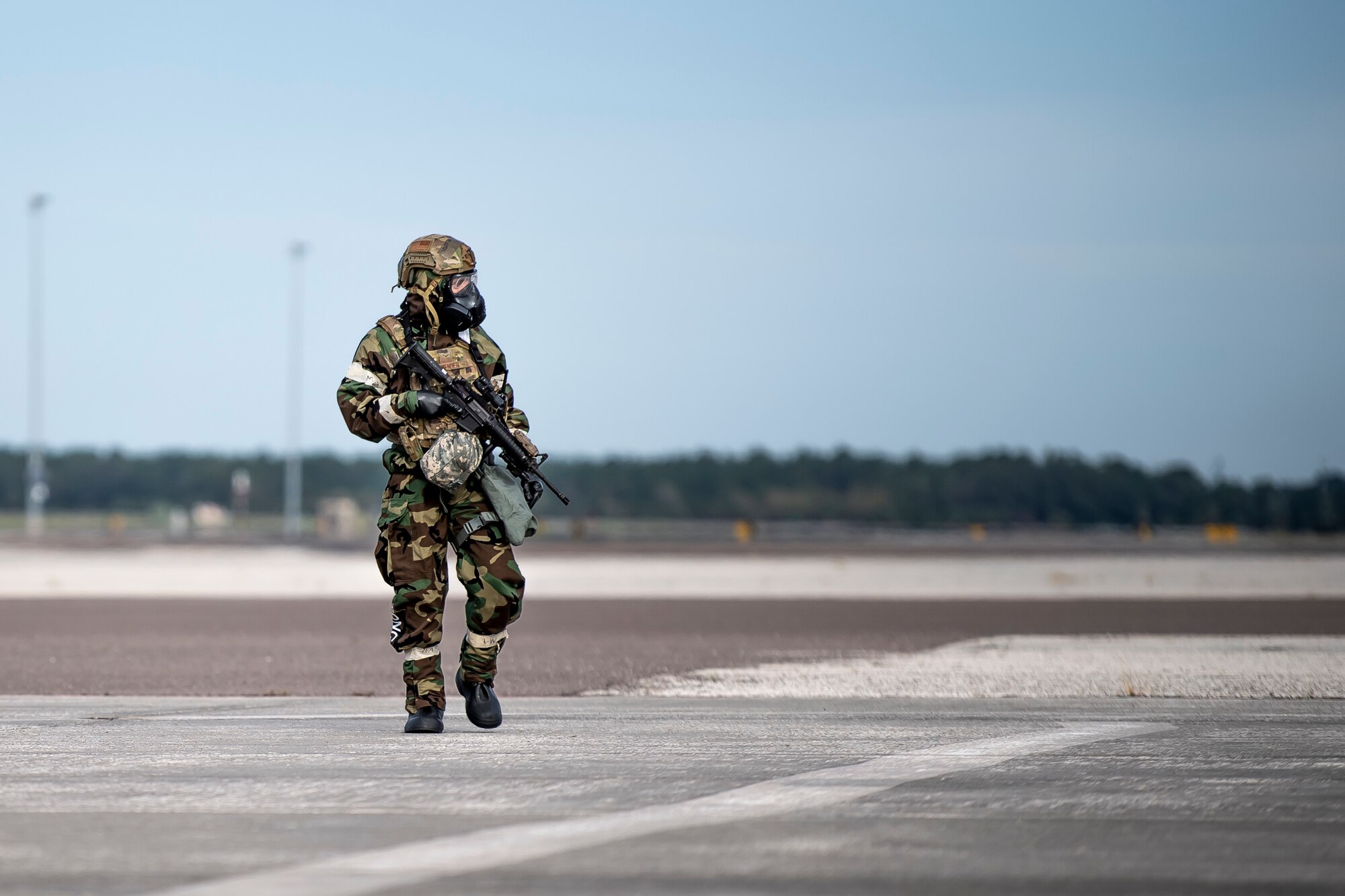 A 6th Security Forces Squadron airman runs through readiness procedures during a Logistics Readiness Exercise at MacDill Air Force Base, Florida, Oct. 6, 2021.
