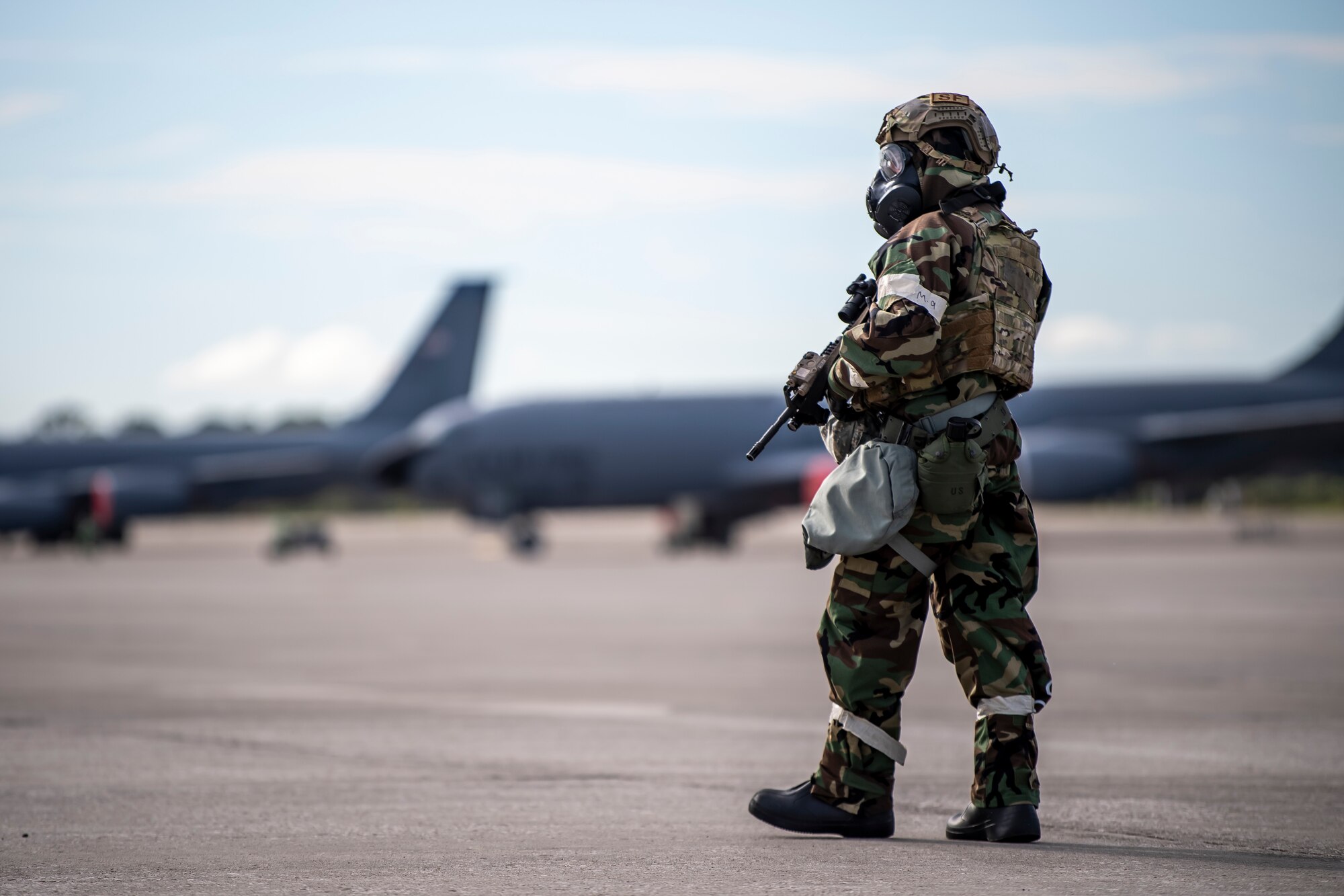 A 6th Security Forces Squadron Airman scans the flight line during a Logistics Readiness Exercise at MacDill Air Force Base, Florida, Oct. 6, 2021.